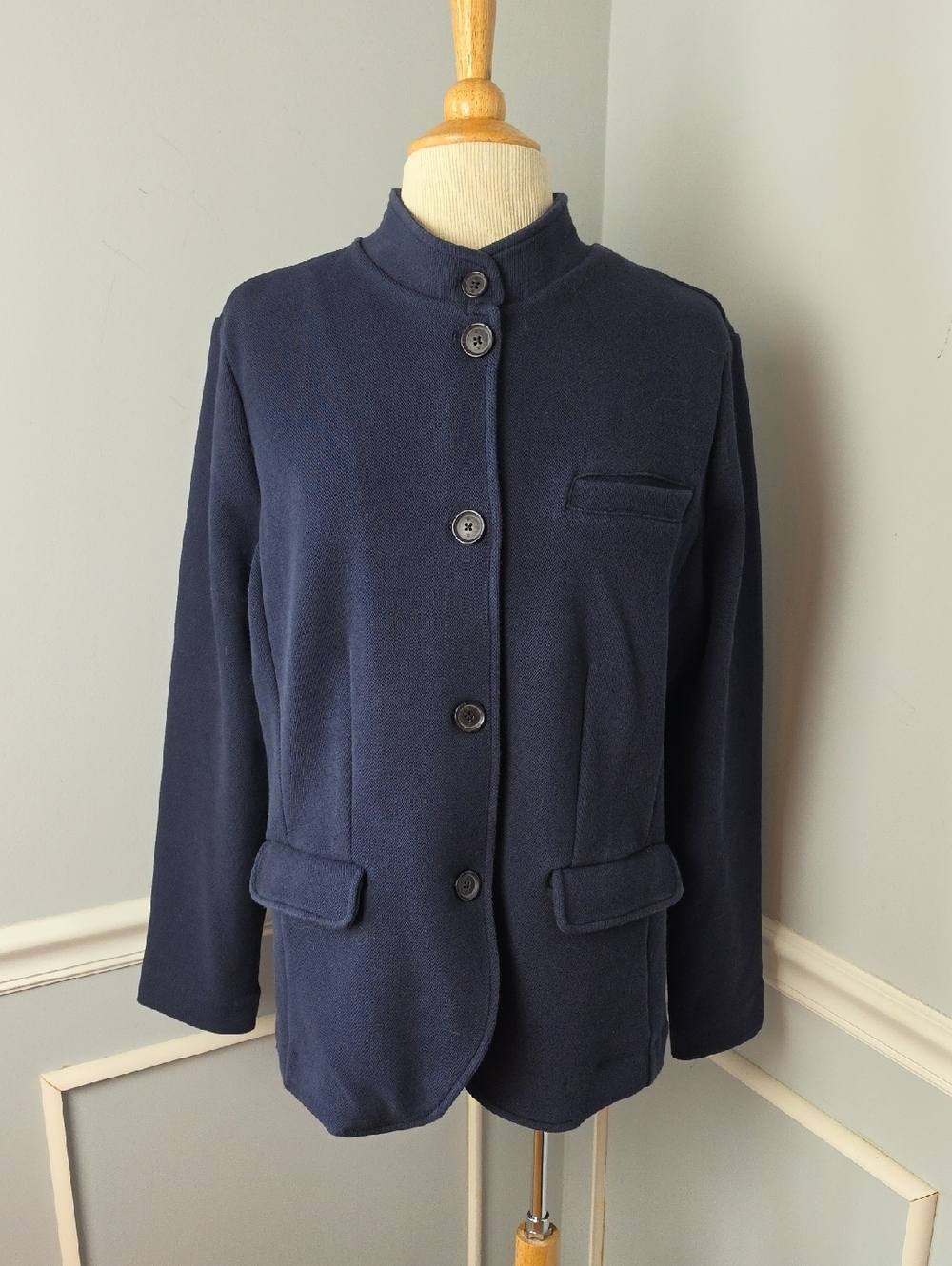 BANANA REPUBLIC Navy Blue Mandarin‎ Stand-Collar Button Knit Blazer Jacket L